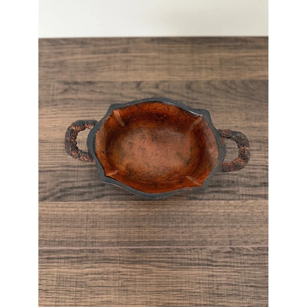Vintage Metal Rustic Farmhouse Distressed Rose Handle Detailing Footed Bowl Dish